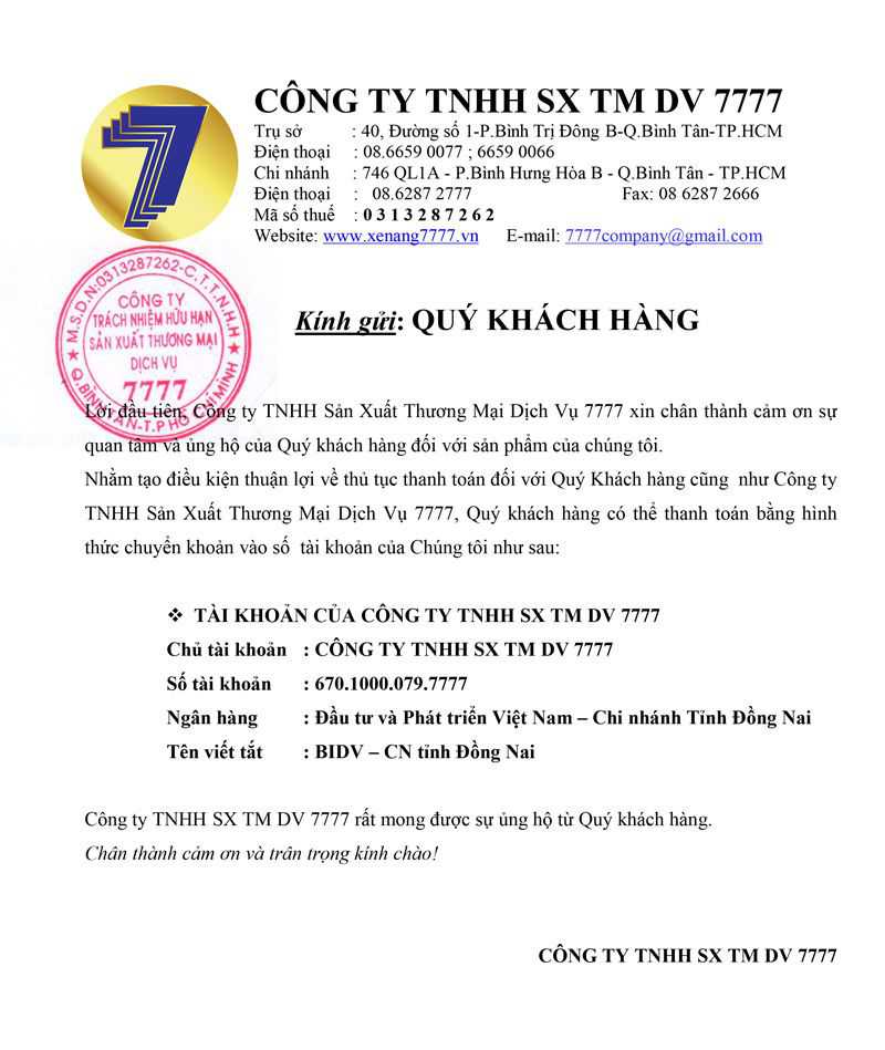 thông tin tài khoản công ty 7777